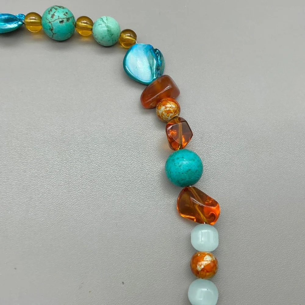 Necklace Turquoise Blue Amber Beaded Shell Gold Foil Long Boho Statement 30